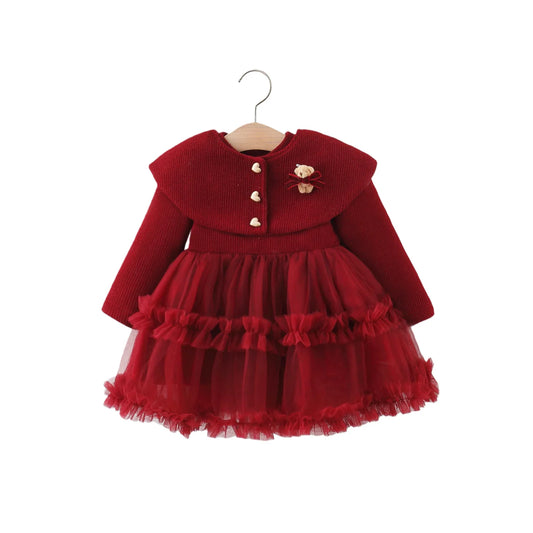 1-5 Y  Winter Dress Knit A Line Ball Gown Dress Christmas Red Dresses Kids Girls Party Dress