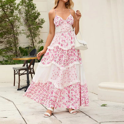 Women'S Spring/Summer Casual V-Neck Floral Printed Beach Midi Dresses Vestido Mujer Summer Dress Robe Femmes Dress Women