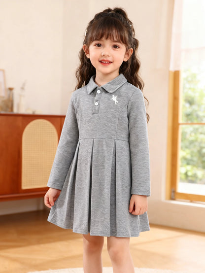 Autumn And Winter Girls' School-Style Dress For Outdoor Travel Grey Lapel Embroidered Long-Sleeved Pleated One-Piece Dress