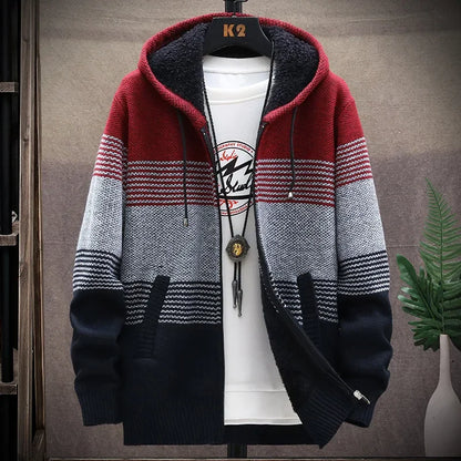Men's Autumn/winter Hooded Knit Jacket Fleece-lined Thickened Casual Loose-fit Knitted Cardigan Outer Wear Sweater