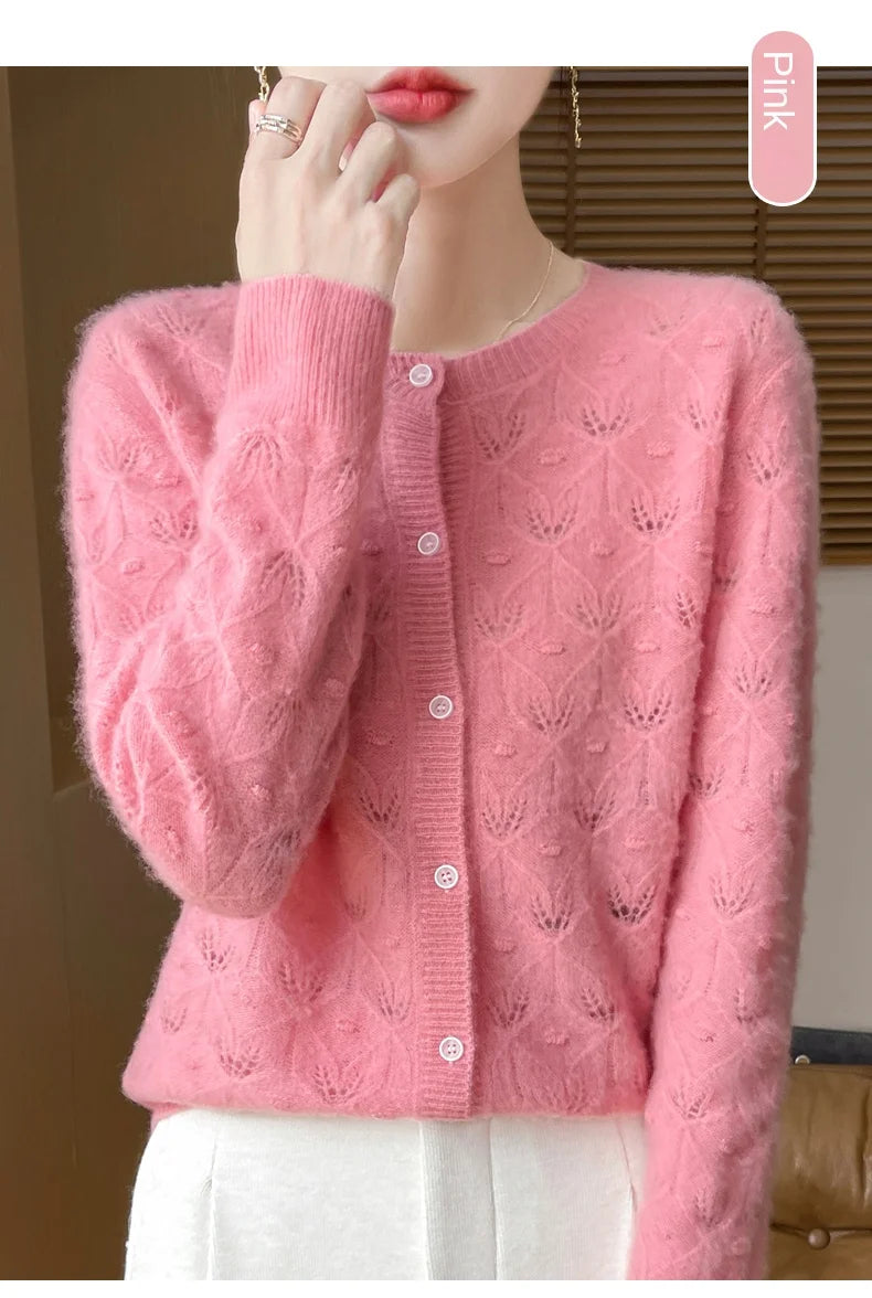 2024 Autumn And Winter New Round Neck Hollowed Out 100 Wool Knitted Cardigan Women's Versatile Coat Loose Casual Sweater DMR281
