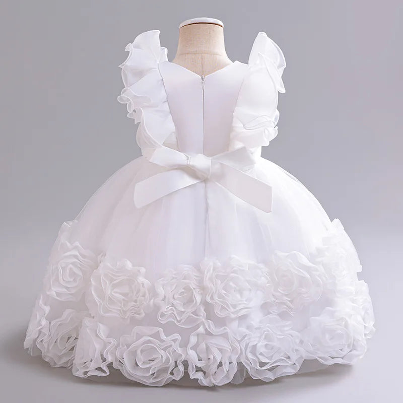 Elegant Party Dresses For Flower Girls Flying Sleeves Bow Puffy Princess Dress For Children Birthday Wedding Baptism Prom Gown