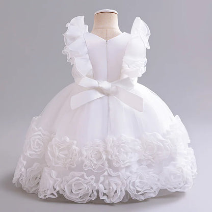 Elegant Party Dresses For Flower Girls Flying Sleeves Bow Puffy Princess Dress For Children Birthday Wedding Baptism Prom Gown