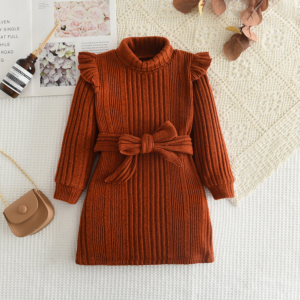 Girls' Woolen Dress 2023 New Children's Autumn Winter New High Neck Flying Sleeve Lace up Knitted Long Sleeve Dress