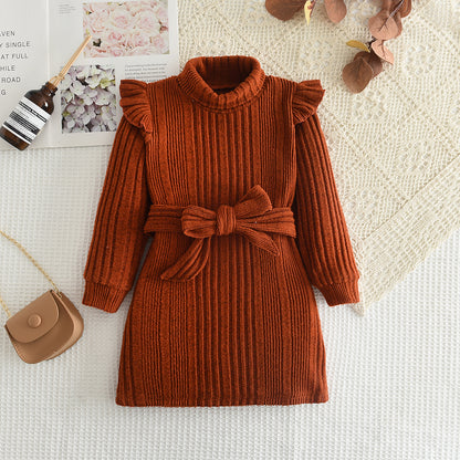 Girls' Woolen Dress 2023 New Children's Autumn Winter New High Neck Flying Sleeve Lace up Knitted Long Sleeve Dress