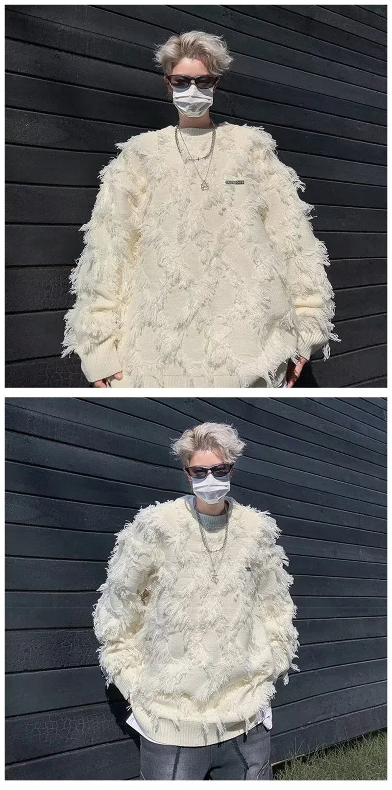 Winter Men's Ripped Fringe Raw Edge Sweater Hip Hop Fashion Knitwear Pullovers Y2K Vintage Streetwear Knitted Jersey Clothes