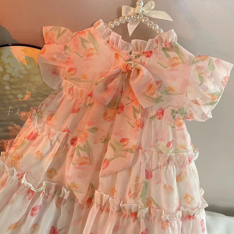 New Girls' Dress Summer Dress 2025 Korean Version Stylish Children's Floral Dress Super Fairy Little Girl Princess Dress