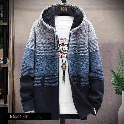 Men's Autumn/winter Hooded Knit Jacket Fleece-lined Thickened Casual Loose-fit Knitted Cardigan Outer Wear Sweater