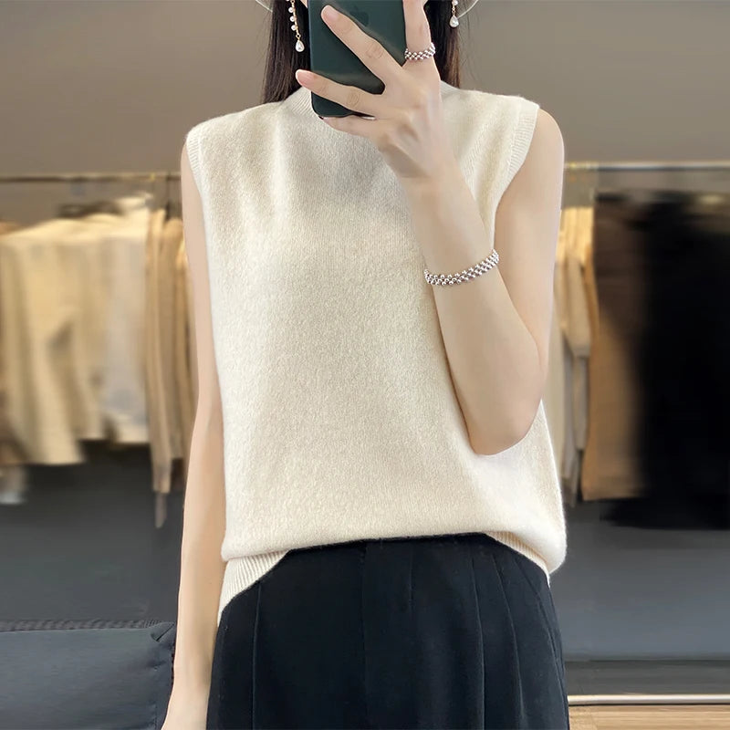 2024 Cashmere Vest Women's 100% Merino Wool Pullover Indoor Sleeveless Sweater Half-turtleneck Office Tops Waistcoat