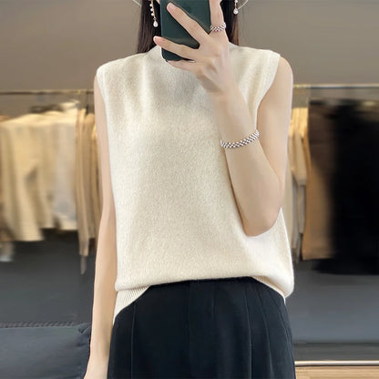 2024 Cashmere Vest Women's 100% Merino Wool Pullover Indoor Sleeveless Sweater Half-turtleneck Office Tops Waistcoat