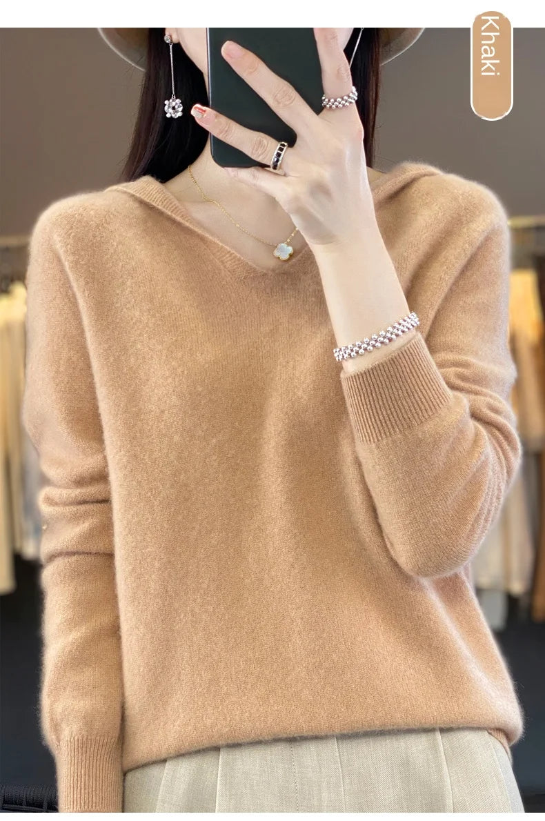 2024 100% Merino Pure Wool V-neck Hoodie Autumn/Winter Hoodie New Cashmere Sweater Women's Casual Knitted Top DMR207