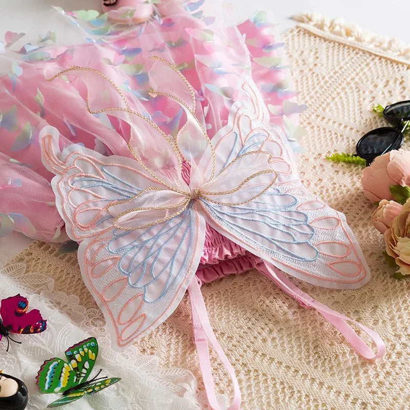 Baby Girl Party Princess Dress Summer Toddler 3d Fairy Butterfly Wings Sleeveless Tulle Sling Dress Children Birthday Party Gown