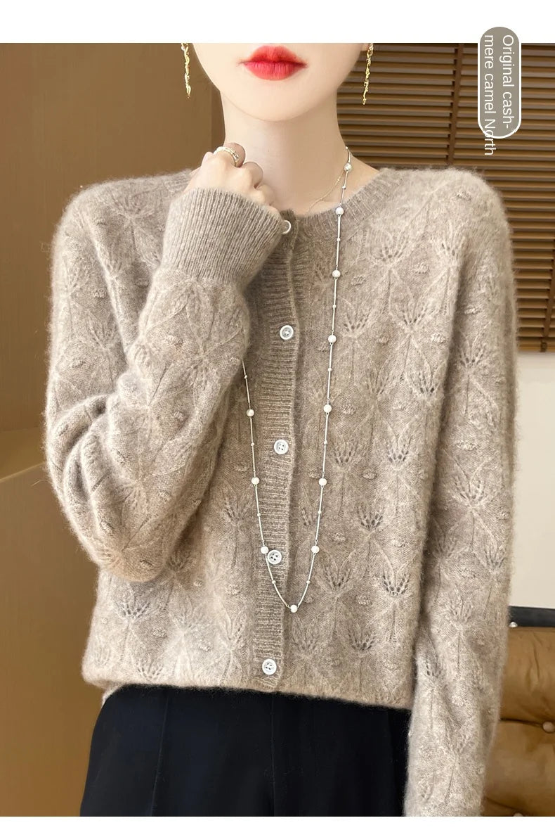 2024 Autumn And Winter New Round Neck Hollowed Out 100 Wool Knitted Cardigan Women's Versatile Coat Loose Casual Sweater DMR281
