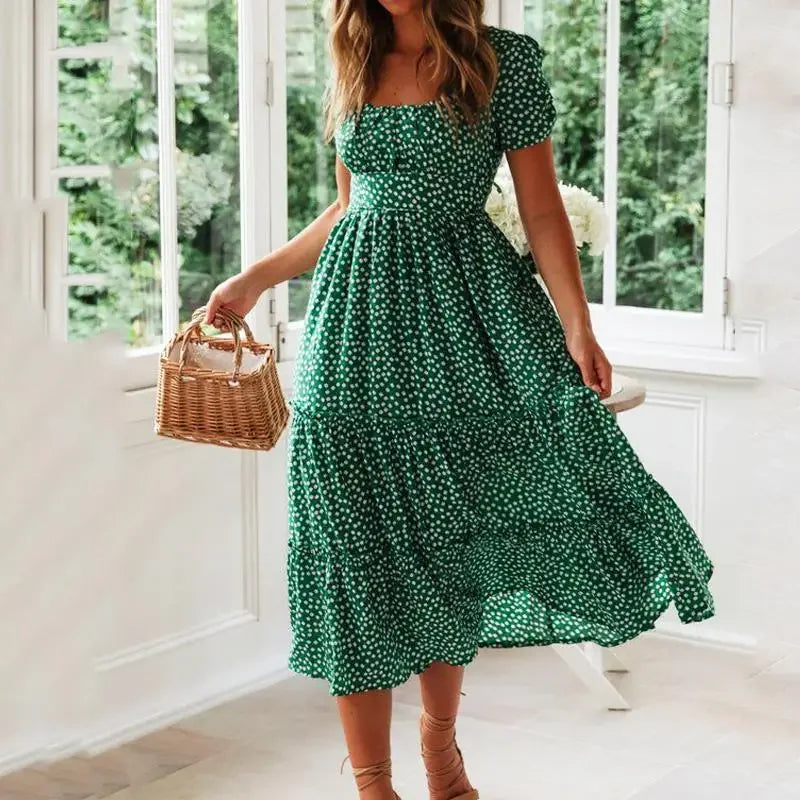 Summer Women's Beach Sweet Dresses Vestidos Vintage Print Puff Sleeve Casual Square Collar Floral Female Maxi Long Dress