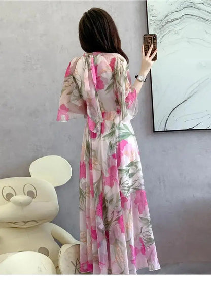 Summer Holiday Floral Dress Women Beach Flower Print Flare Sleeve Back Bow Lace Up High Waist Draped Chiffon Party Long Vestidos