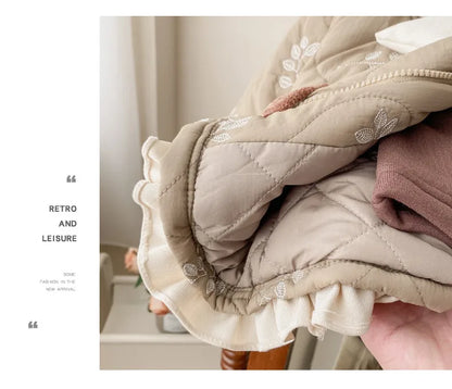 Winter Girls Coat Kids Baby Parkas Cotton Padded Plus Velvet Thickened Warm Children's Coat Solid Girls Embroidery Jacket