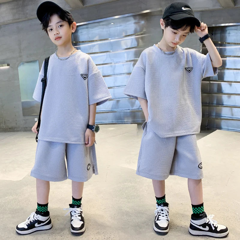 Fashion Boys Summer Sets 2024 New Teenager Casual Outfits Children Trends Clothes Suits Kids Short Sleeves Tops+Baggy Pants 2Pcs