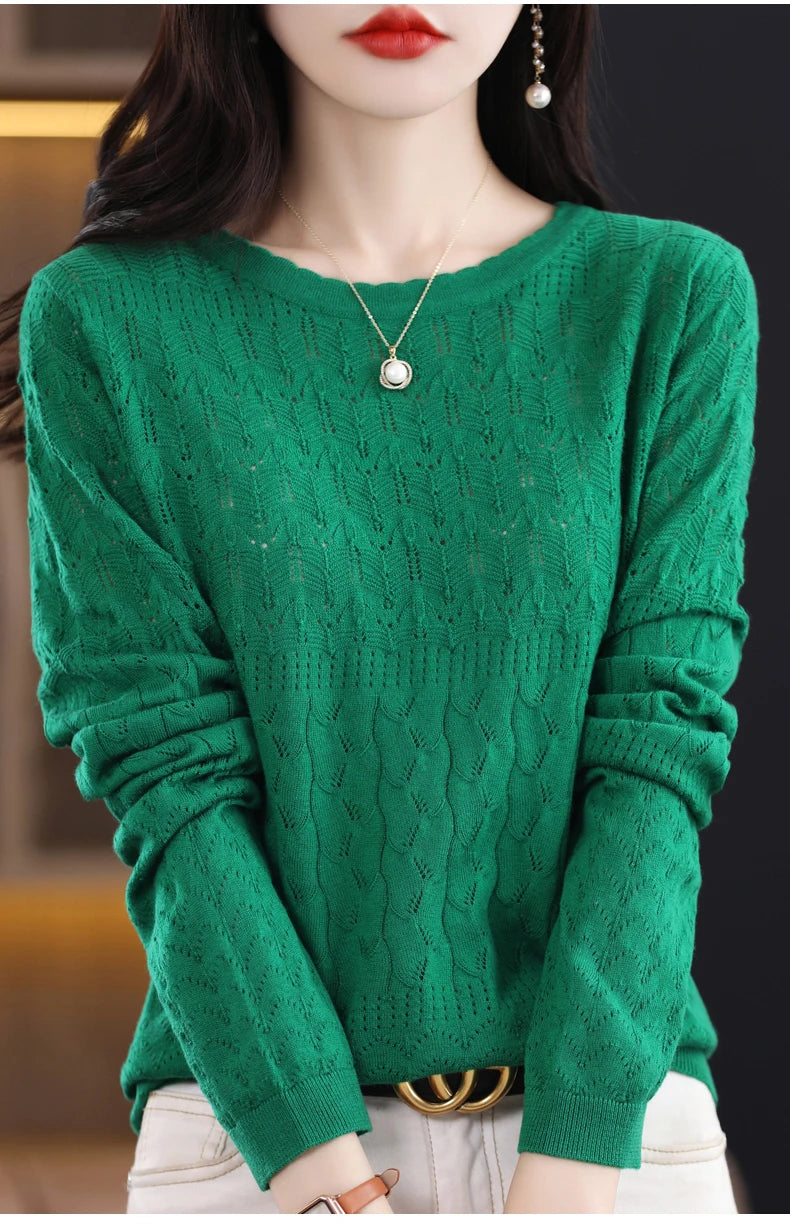 Worsted Wool Sweater Women's Spring 2023 New Western-Style Solid Color Round Neck Top With Long Sleeve Bottom Hollowed-Out Thin