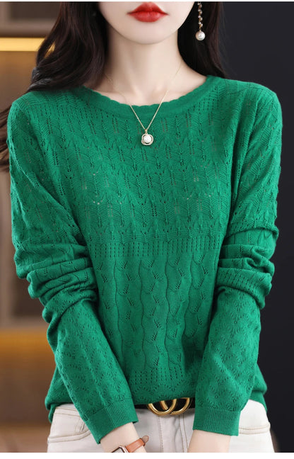 Worsted Wool Sweater Women's Spring 2023 New Western-Style Solid Color Round Neck Top With Long Sleeve Bottom Hollowed-Out Thin