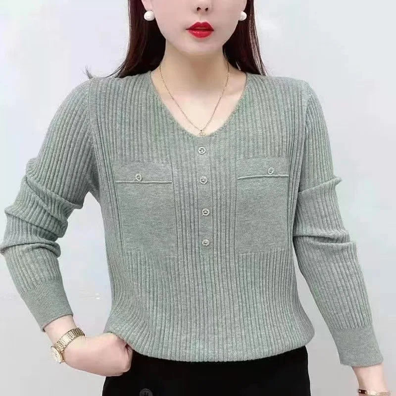 New Long Sleeve Knit V-Neck Pullover Loose Thin Sweater Underlay Autumn Sweater Top