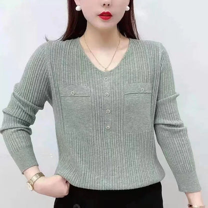 New Long Sleeve Knit V-Neck Pullover Loose Thin Sweater Underlay Autumn Sweater Top