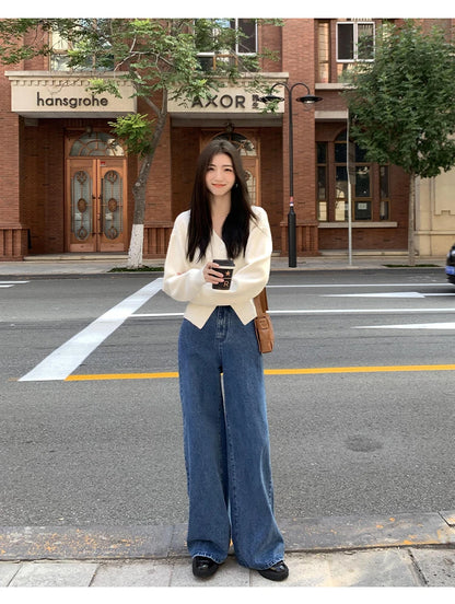 Zjaiss 2025 Autumn Winter Elegance Solid Color V-neck Sweater Knitted Casual Cardigan Unique And Niche Slim Fit Tops