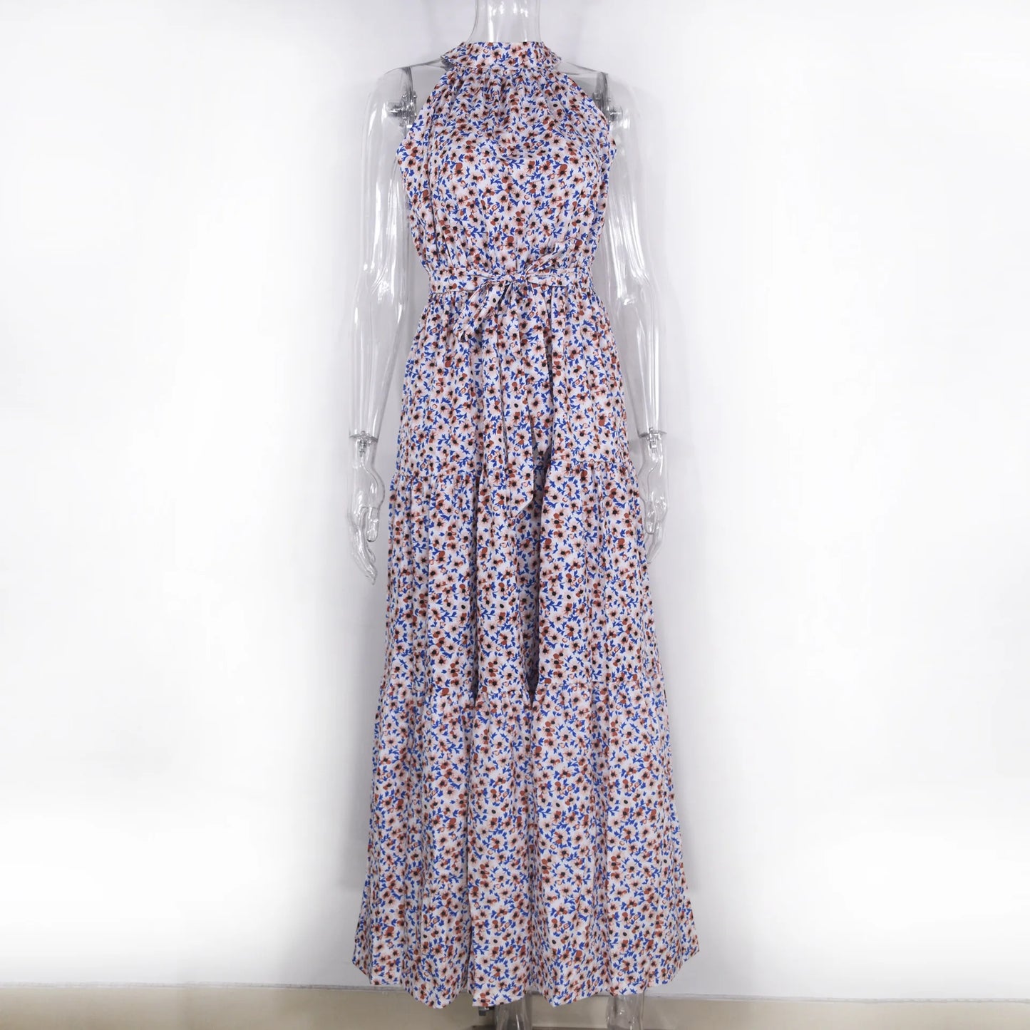 Summer Floral Print Halter Neck Dresses For Women Sleeveless Leace-up Long Dress Casual Beach Holiday Vestidos Female Clothing