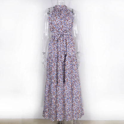 Summer Floral Print Halter Neck Dresses For Women Sleeveless Leace-up Long Dress Casual Beach Holiday Vestidos Female Clothing