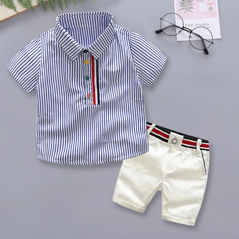 Summer Boys Clothing Sets Cotton Striped Short Sleeve Shirt Pants 2Pcs Suit For 2-6 Years Kids Casual Outfits Gentlemen Suit