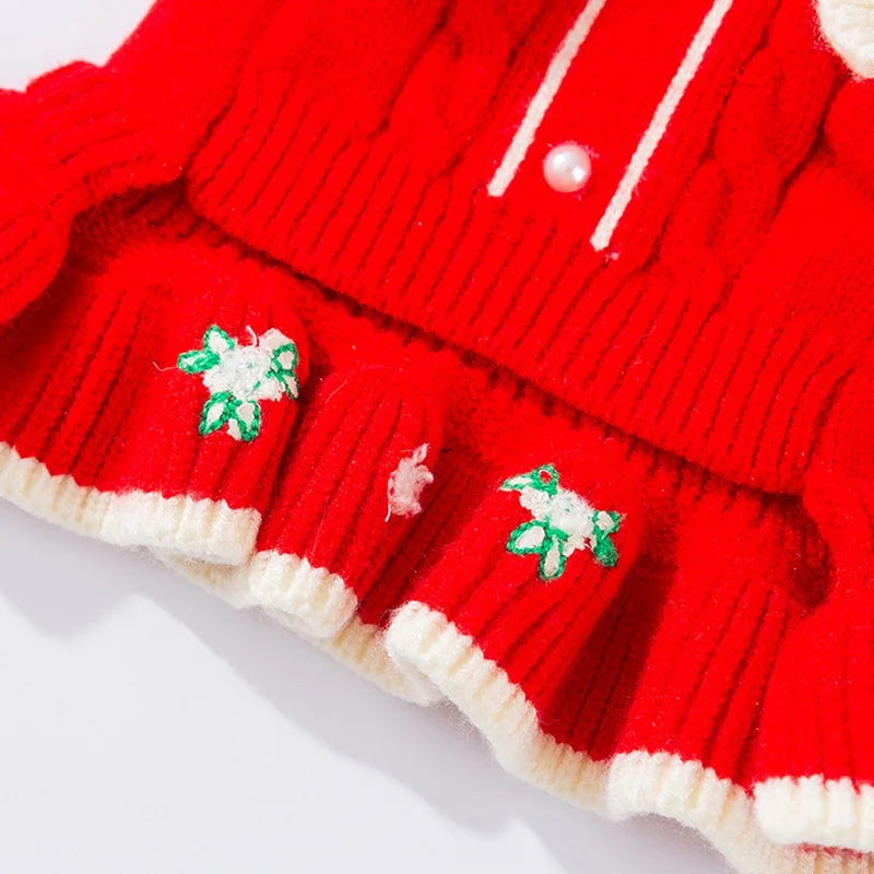 Winter Warm Pet Dog Clothes Luxury Dog Knitten Dress Cute Soft Puppy Princess Skirt Flower Print Cat Dresses Pet Sweater Clothes