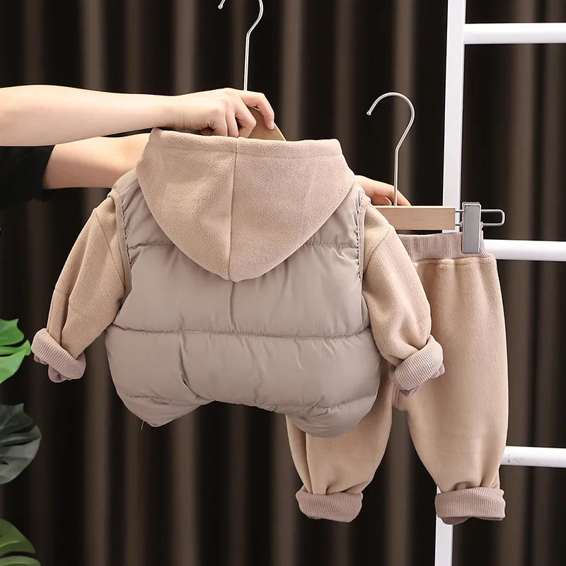 Winter New Baby Hooded Cotton Coat Long Sleeve Set for Boys and Girls' Vest with Velvet and Thickened Casual Three Piece Set