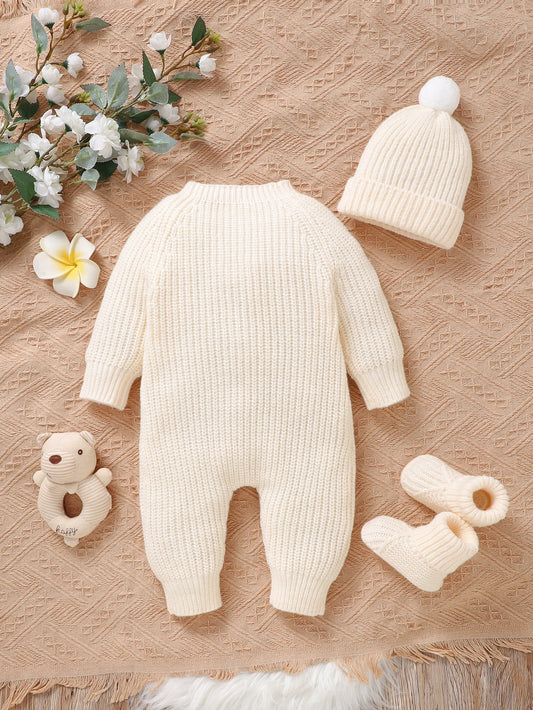 Winter Baby Clothes Beige Long Sleeve Knitted Rompers+Hats+Shoes 3pcs Outfits for Newborn Boys Girls Outwear Outfits Sets 0-9M