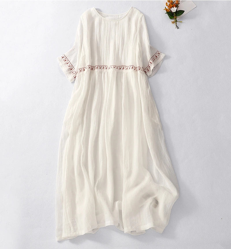 Summer New Dresses for Women LOOSE Embroidery Vintage Dress Streetwear Long Dresses Women Clothing Robe O-Neck White Dress