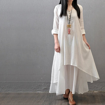 Summer Women  Boho Vintage Kaftan Loose Gypsy Maxi Dress Fake Two-piece Literary Irregular Large Swing Dress Robe