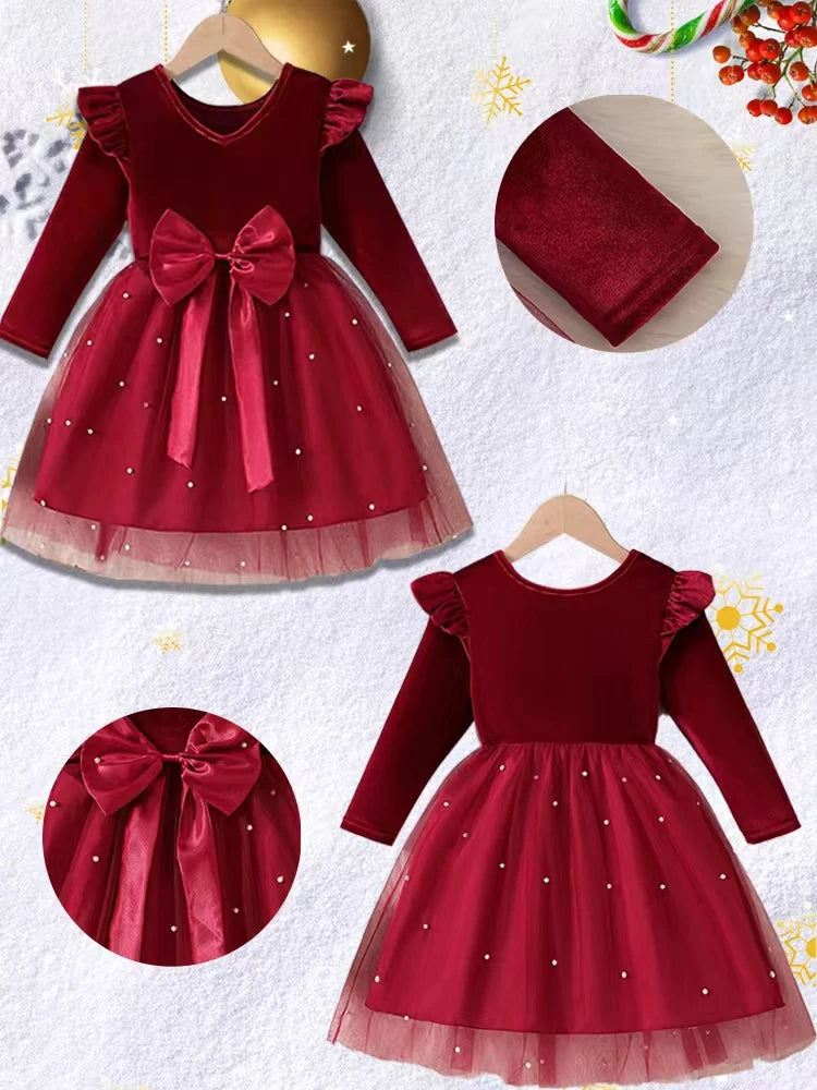 2025 Autumn Winter Girls' Christmas Party Dress with Bow, Elegant Princess Gown for Holiday Pageant & Formal Events