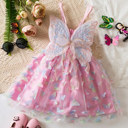 Baby Girl Party Princess Dress Summer Toddler 3d Fairy Butterfly Wings Sleeveless Tulle Sling Dress Children Birthday Party Gown