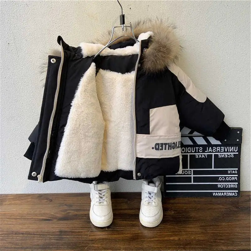 Winter Boys Coat 2023 New Baby Fur Collar Hooded Cotton Plus Velvet Thicken Warm Jacket For Children's Coat For Boys 2-8Years