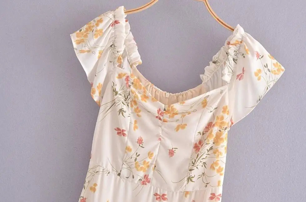 Summer Retro Elegant Elastic off Shoulder Long Dresses France Beige Floral Print Vintage Back Zipper Women Summer Dress