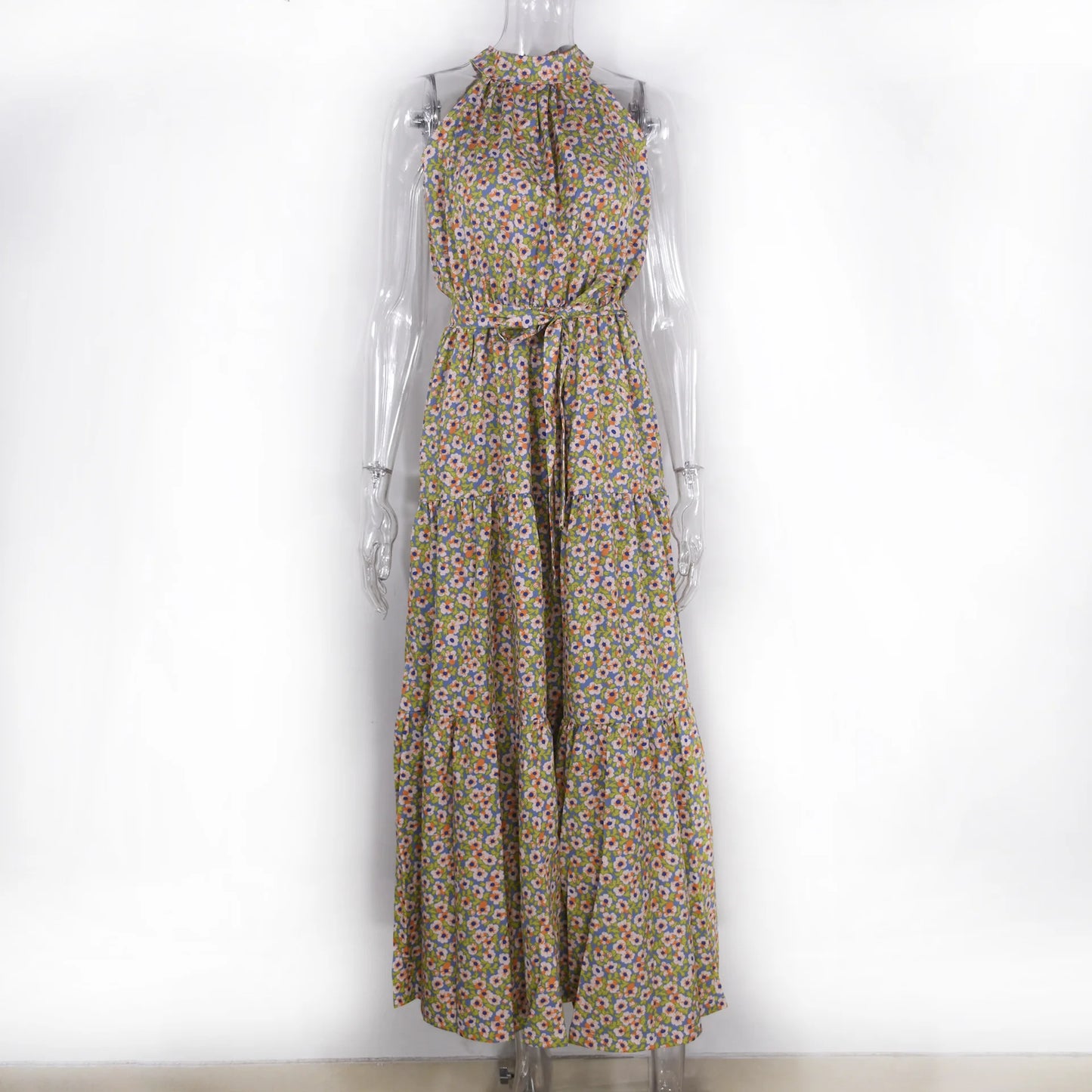 Summer Floral Print Halter Neck Dresses For Women Sleeveless Leace-up Long Dress Casual Beach Holiday Vestidos Female Clothing