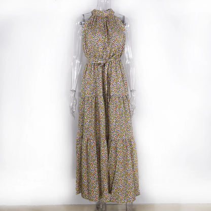 Summer Floral Print Halter Neck Dresses For Women Sleeveless Leace-up Long Dress Casual Beach Holiday Vestidos Female Clothing
