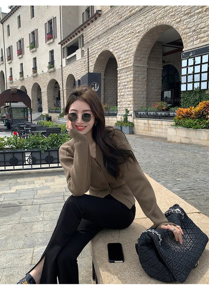 Zjaiss 2025 Autumn Winter Elegance Solid Color V-neck Sweater Knitted Casual Cardigan Unique And Niche Slim Fit Tops