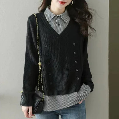 New Fake Two Piece Top Knit Sweater Women's Splice Shirt Collar Spring Autumn  Korean Loose Long Sleeve Sweater Female Pullover