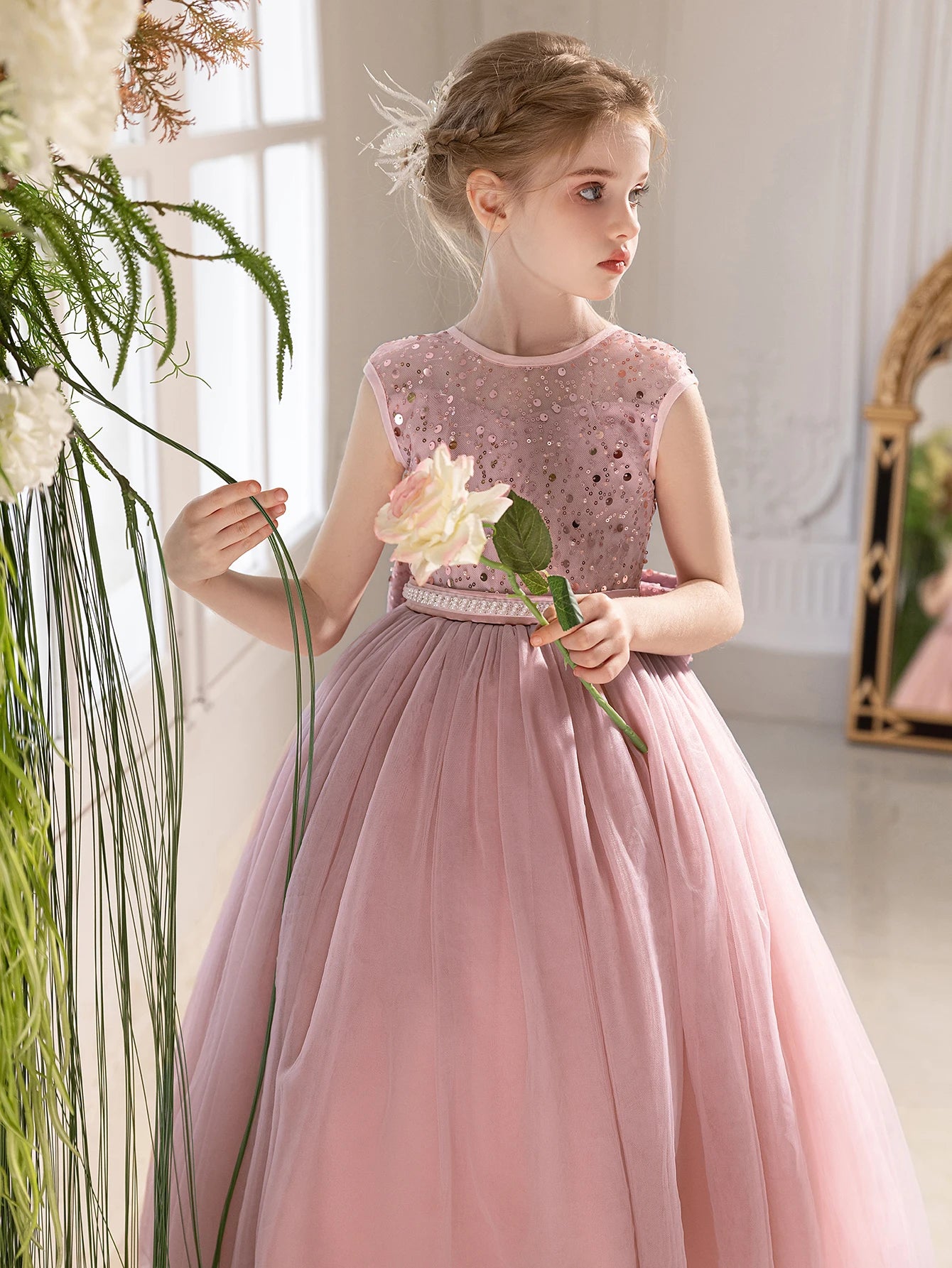 Girl Party Dress Long Pink Gown with Big Bow Evening Dress Puffy Gauze Girl Princess Dress