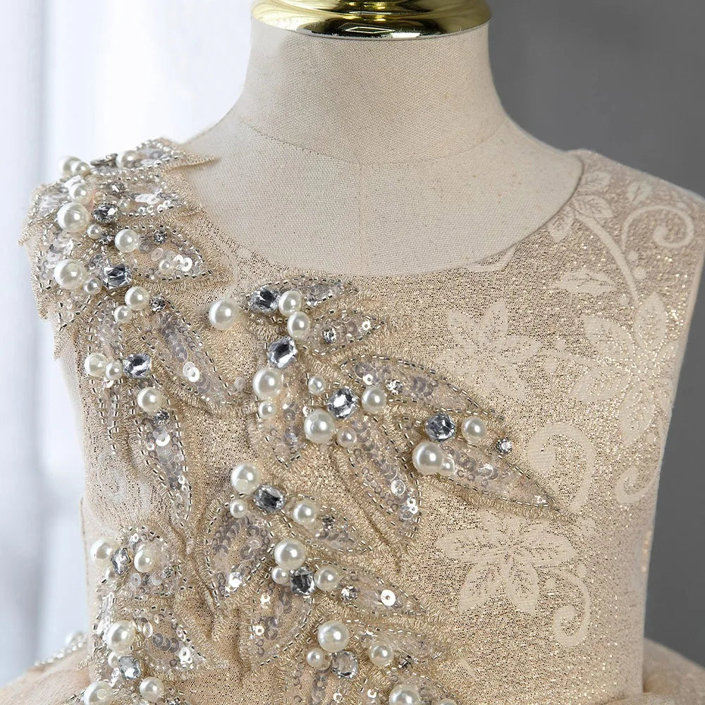 Toddler Girls Christmas Party Princess Dress Embroidery Beading Pearl Lace Children Ball Gown Birthday Performance Prom Dresses