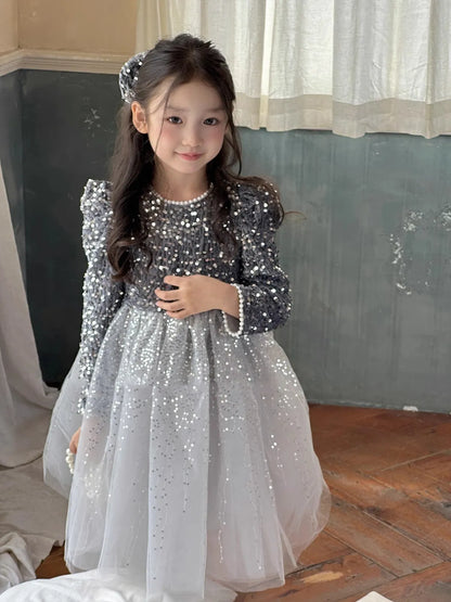 Winter Baby Girls Sequin Work Fleece Lined 4-Layer Mesh Zip Back Dresses with Head Veil Kids Outfit Children Sweet Skirt 2-8 Yr
