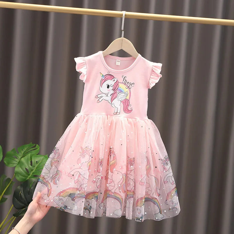 Girls Dress 2025 New Summer Princess Dresses Flying Sleeve Kids Clothes Unicorn Party Baby Dresses For Children Clothing 3-8Y