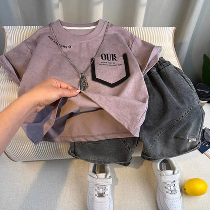 Boys Summer 2025 Boutique Design Outfits Baby Boys Short Sleeve Striped T-Shirt Jeans Shorts 2pcs Korean Clothes for Children