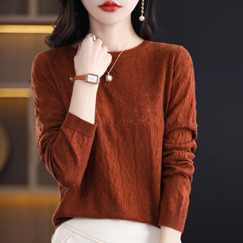 Worsted Wool Sweater Women's Spring 2023 New Western-Style Solid Color Round Neck Top With Long Sleeve Bottom Hollowed-Out Thin