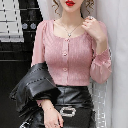 Women Spring Autumn Style Pulloverr Sweaters Lady Casual Long Sleeve Square Collar Knitted Patchwork Pullover Tops WY1022