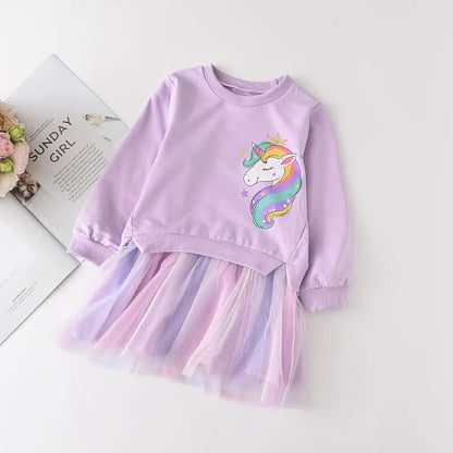 Girl Unicorn Princess Dress 2025 New Winter Girl Dress Children's Unicolor Sweaters + Mesh Dress Set Children's Clothing 2-8Y